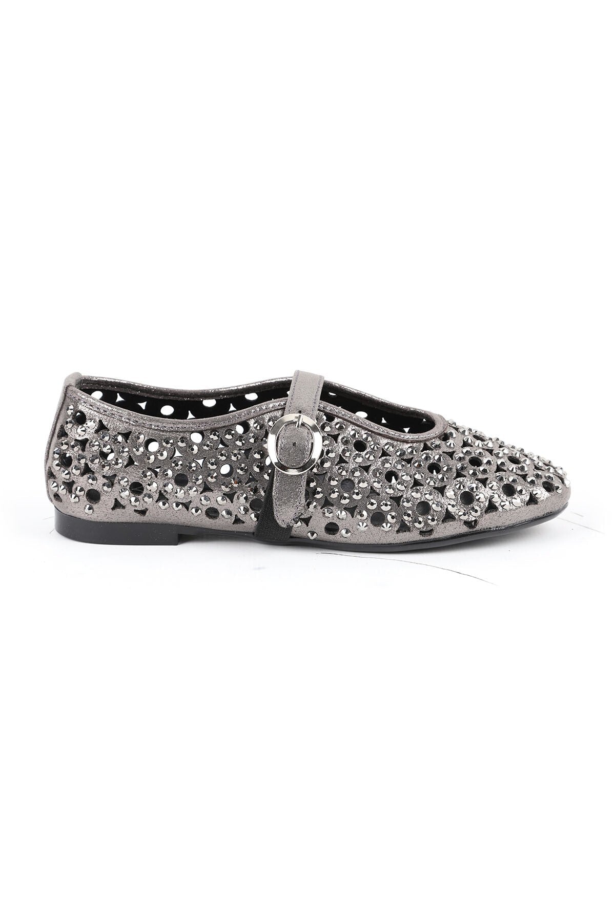 Women's Ballet Flats Metallic Stone Laser Cut Strap Buckle Stylish and Sophisticated Tpu Sole L085.K867/1 - MALLTURK