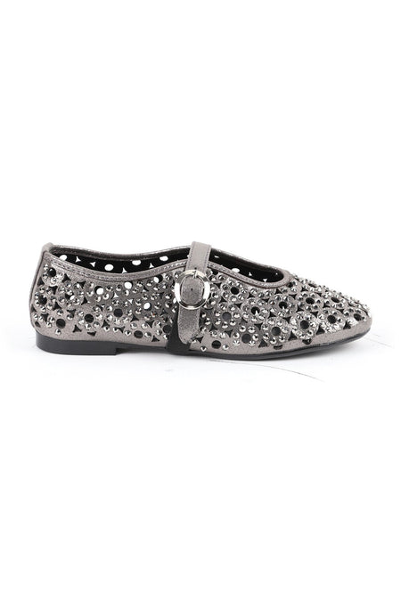 Women's Ballet Flats Metallic Stone Laser Cut Strap Buckle Stylish and Sophisticated Tpu Sole L085.K867/1 - MALLTURK