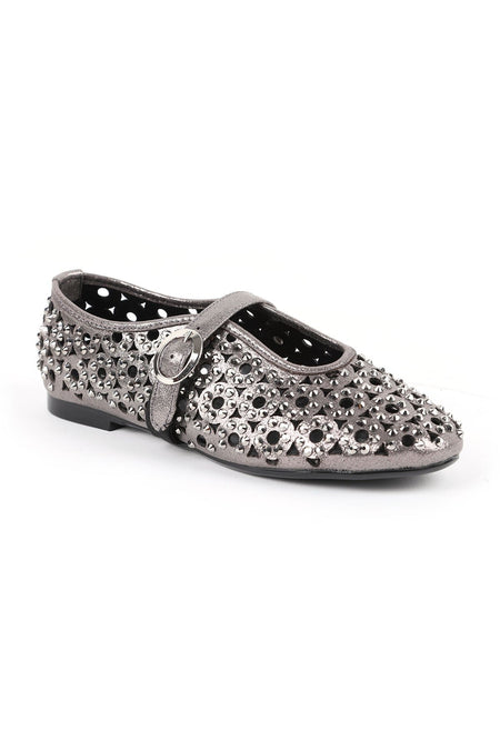 Women's Ballet Flats Metallic Stone Laser Cut Strap Buckle Stylish and Sophisticated Tpu Sole L085.K867/1 - MALLTURK