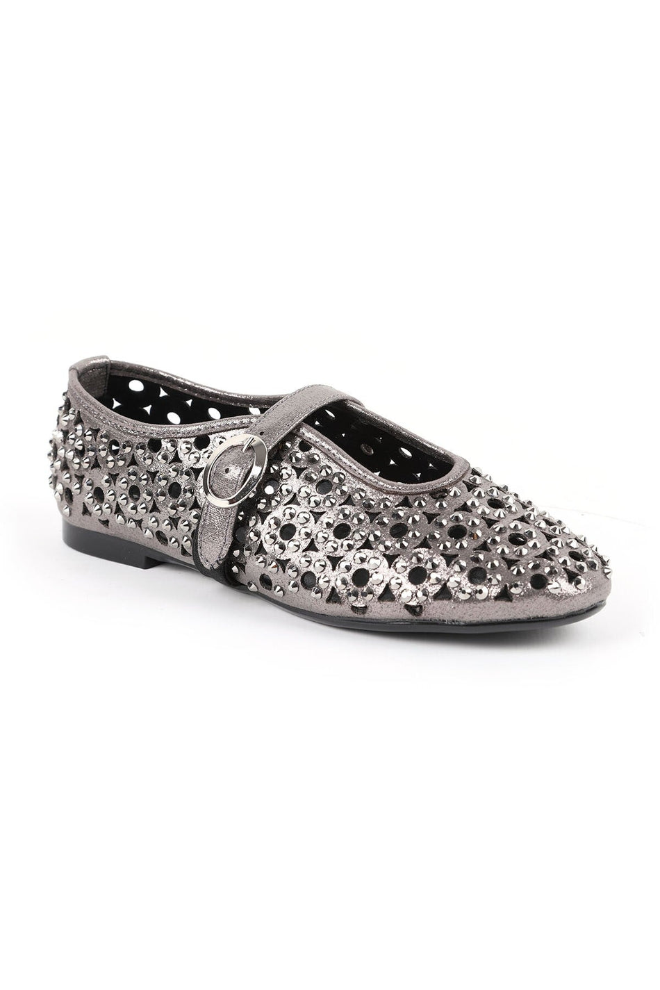 Women's Ballet Flats Metallic Stone Laser Cut Strap Buckle Stylish and Sophisticated Tpu Sole L085.K867/1 - MALLTURK