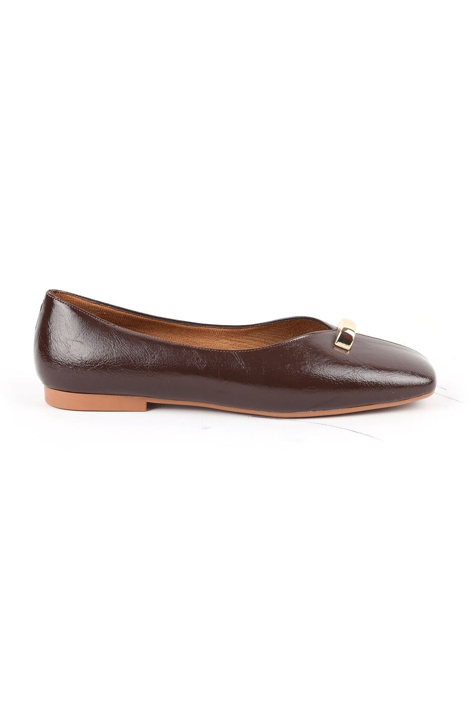 Women's Ballet Flats Shiny Patent Leather V-Neck Metal Detailed Blunt Toe Stylish Office Comfortable Tpu Sole L085.K2035 - MALLTURK