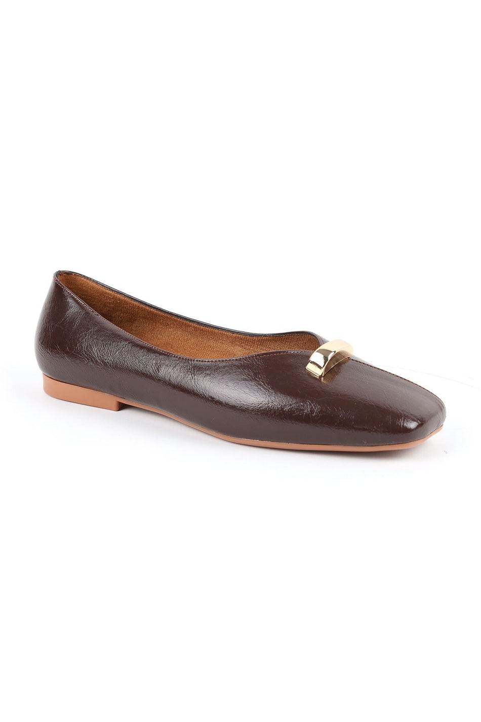 Women's Ballet Flats Shiny Patent Leather V-Neck Metal Detailed Blunt Toe Stylish Office Comfortable Tpu Sole L085.K2035 - MALLTURK