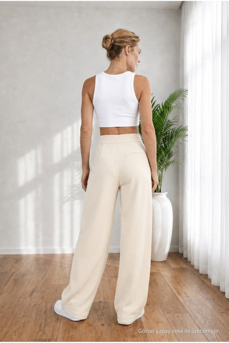 Women's Beige High Waist Loose Fit Lycra Wide Leg Palazzo Pants - MALLTURK