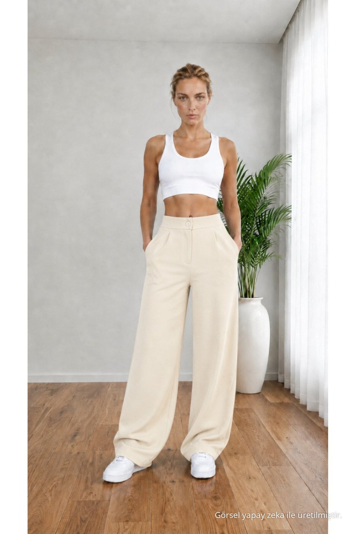 Women's Beige High Waist Loose Fit Lycra Wide Leg Palazzo Pants - MALLTURK