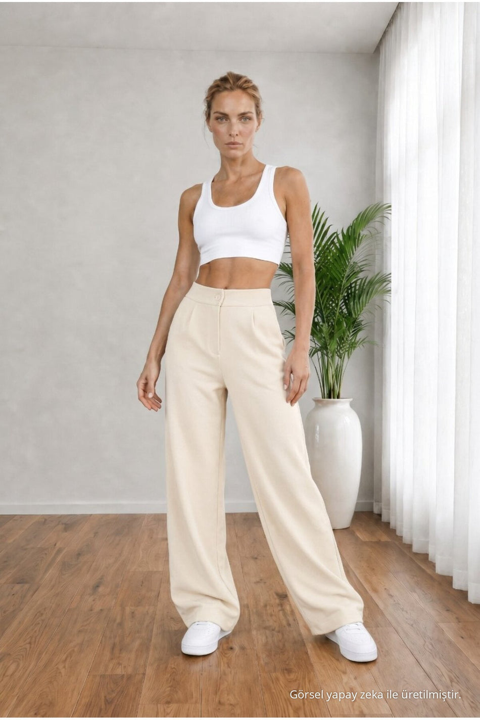 Women's Beige High Waist Loose Fit Lycra Wide Leg Palazzo Pants - MALLTURK