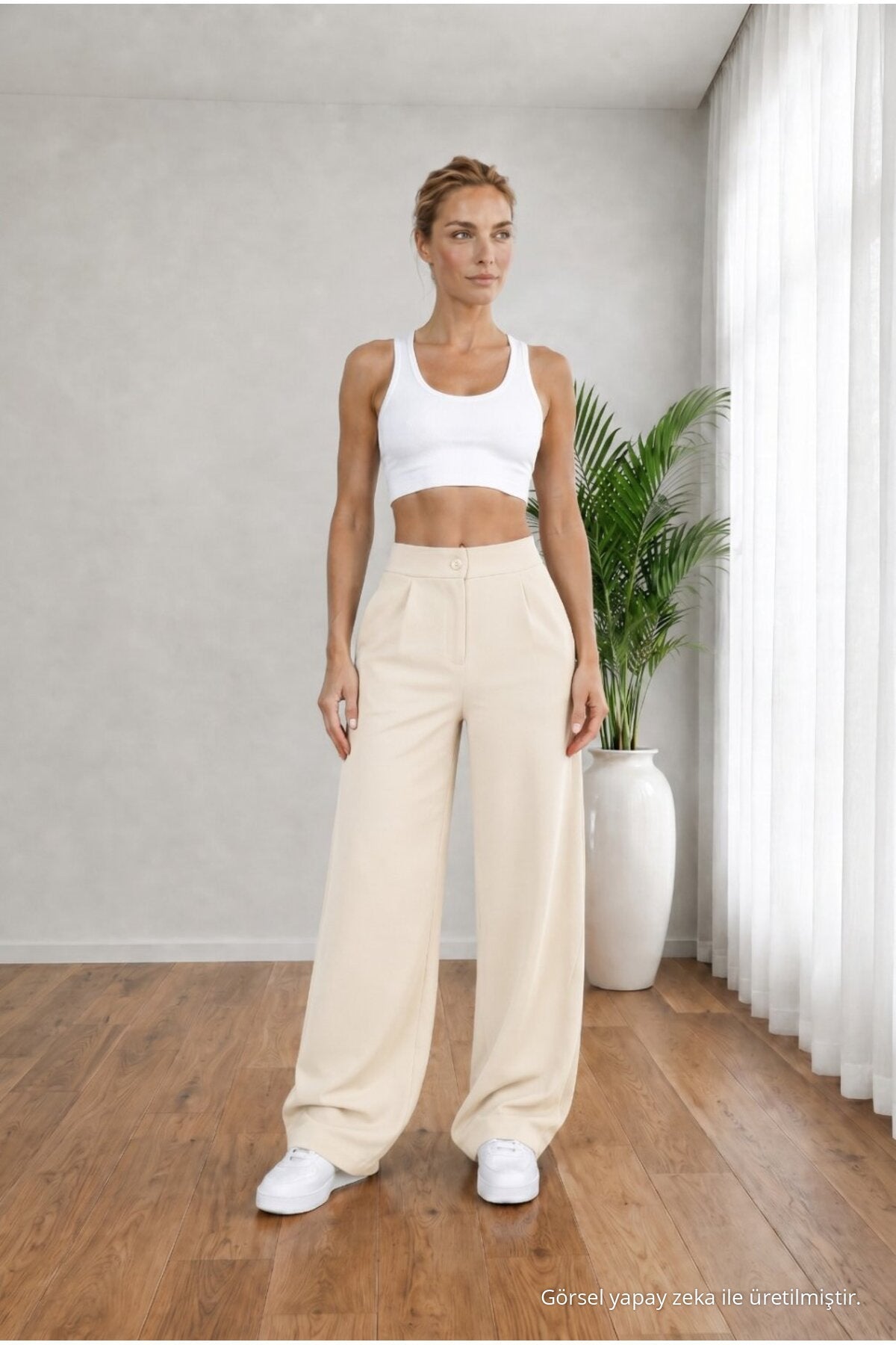 Women's Beige High Waist Loose Fit Lycra Wide Leg Palazzo Pants - MALLTURK