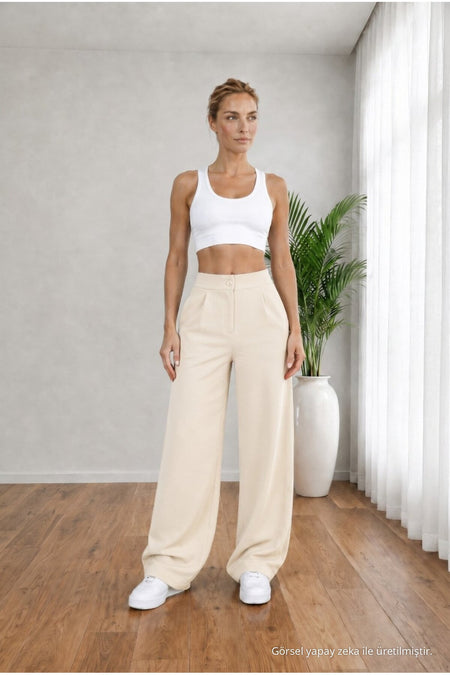 Women's Beige High Waist Loose Fit Lycra Wide Leg Palazzo Pants - MALLTURK