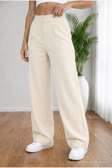 Women's Beige High Waist Loose Fit Lycra Wide Leg Palazzo Pants - MALLTURK