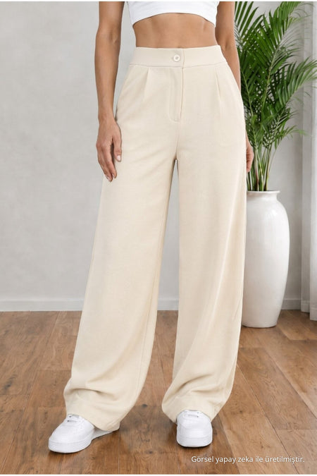 Women's Beige High Waist Loose Fit Lycra Wide Leg Palazzo Pants - MALLTURK