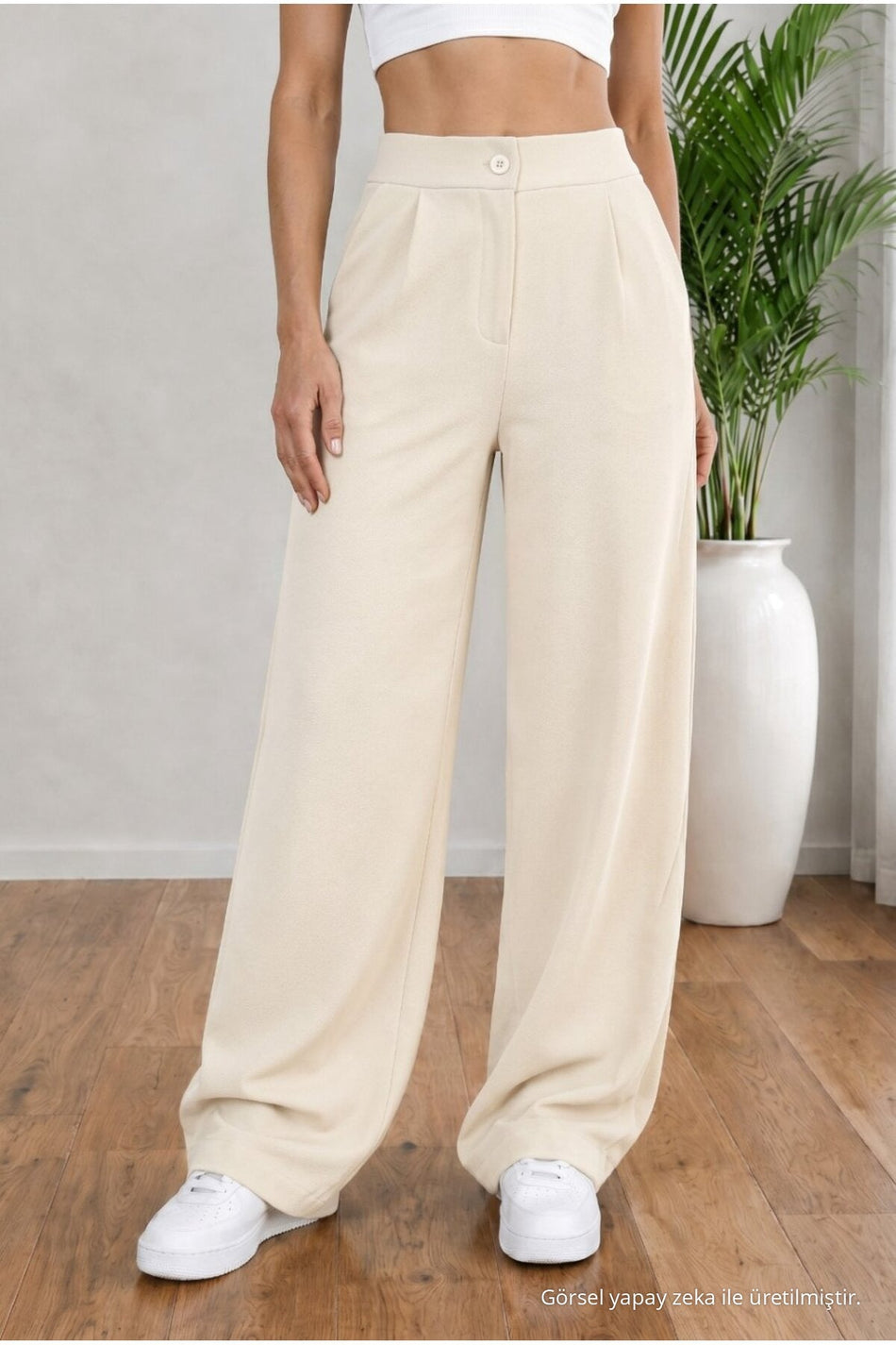 Women's Beige High Waist Loose Fit Lycra Wide Leg Palazzo Pants - MALLTURK