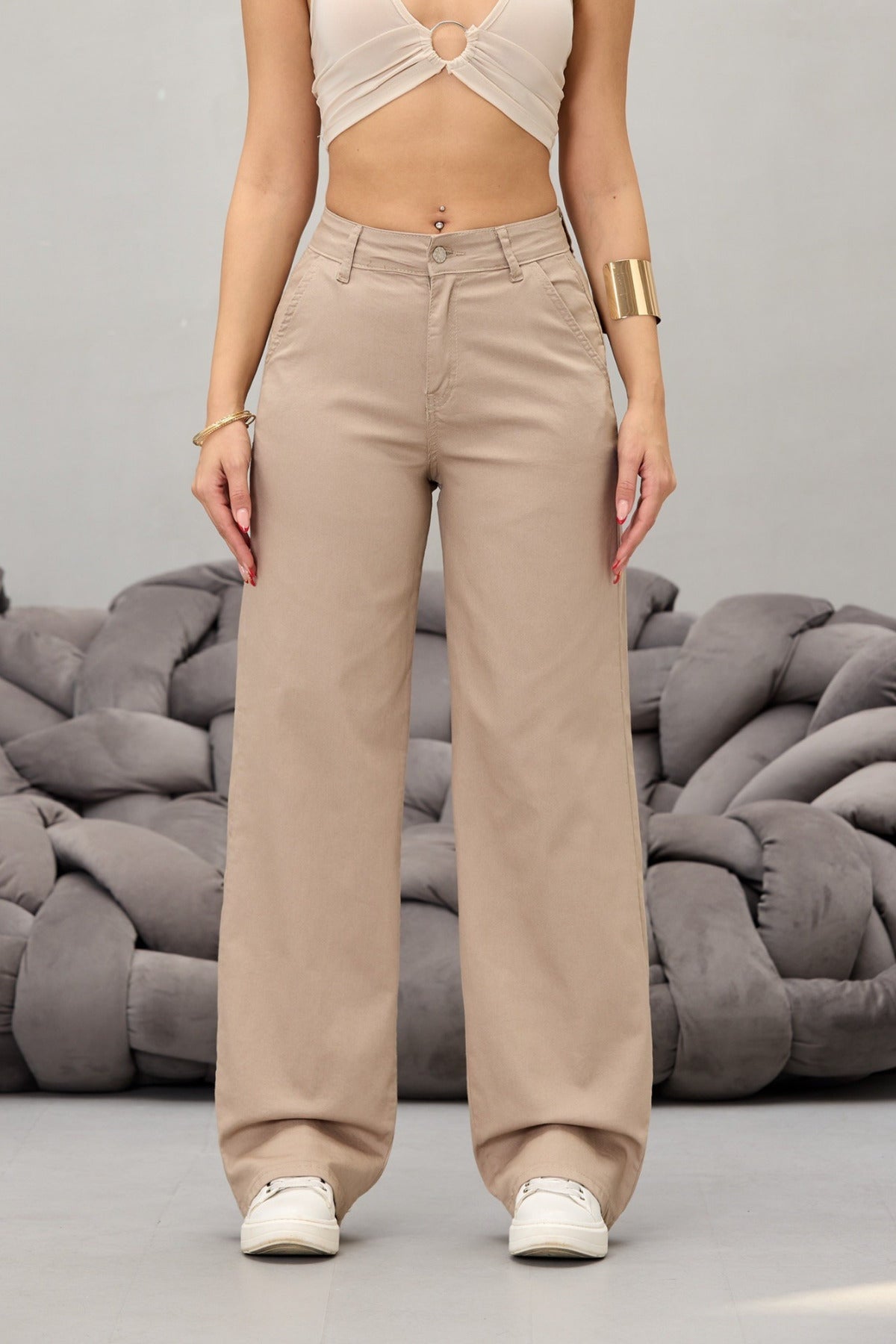 Women's Beige High Waist Lycra Stretch Wide Leg Palazzo Pants - MALLTURK