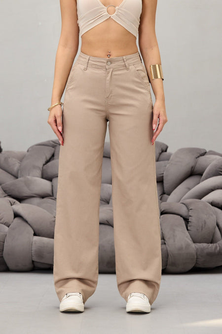 Women's Beige High Waist Lycra Stretch Wide Leg Palazzo Pants - MALLTURK