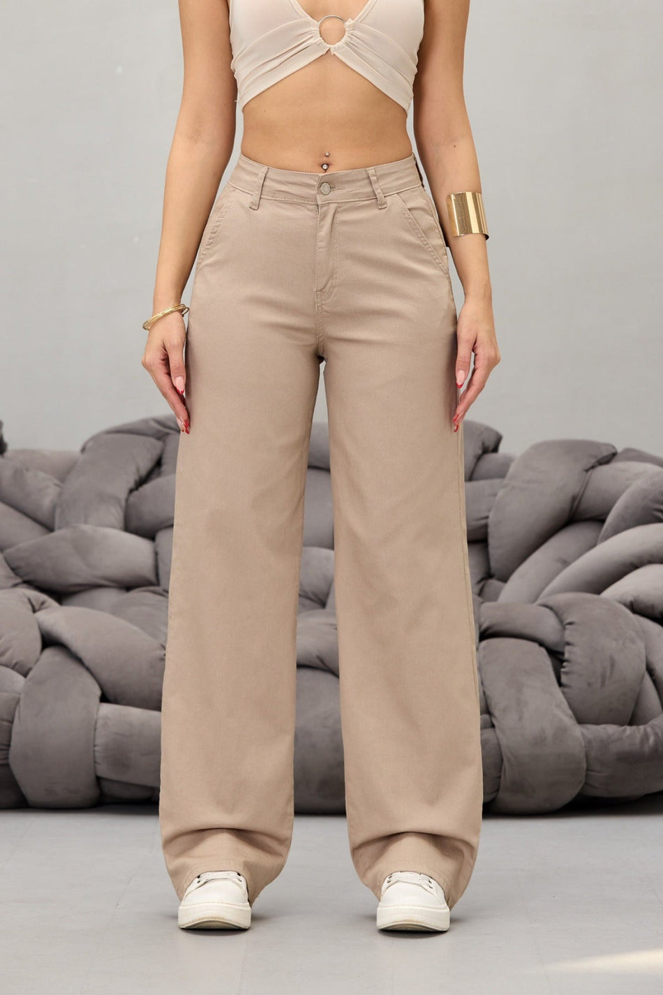 Women's Beige High Waist Lycra Stretch Wide Leg Palazzo Pants - MALLTURK