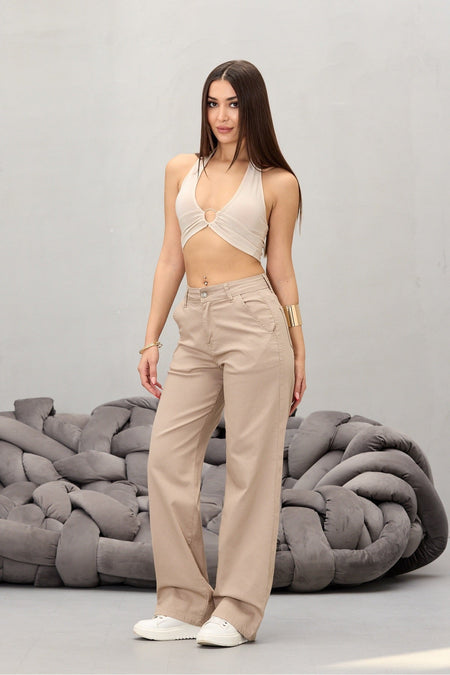 Women's Beige High Waist Lycra Stretch Wide Leg Palazzo Pants - MALLTURK
