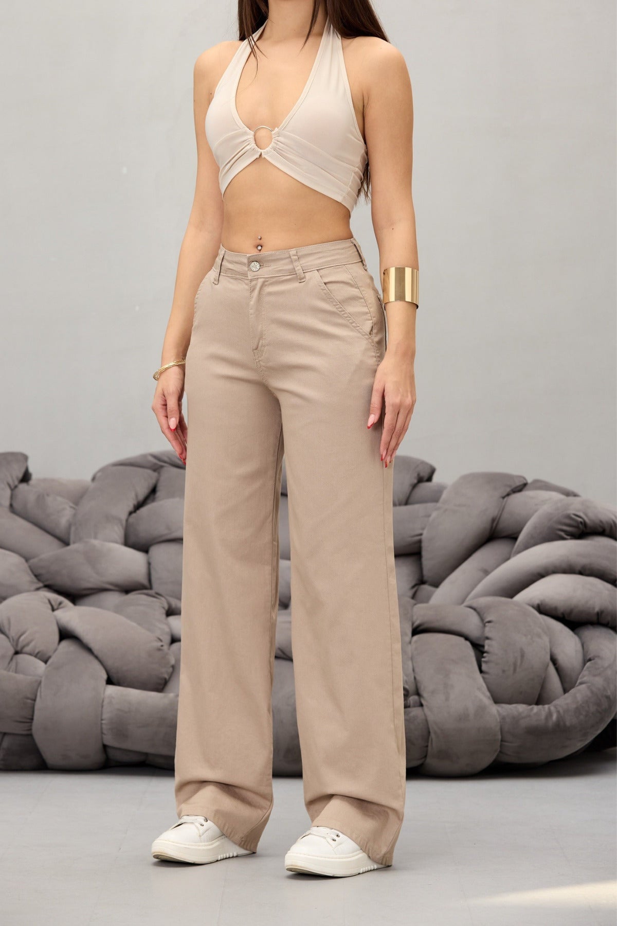 Women's Beige High Waist Lycra Stretch Wide Leg Palazzo Pants - MALLTURK