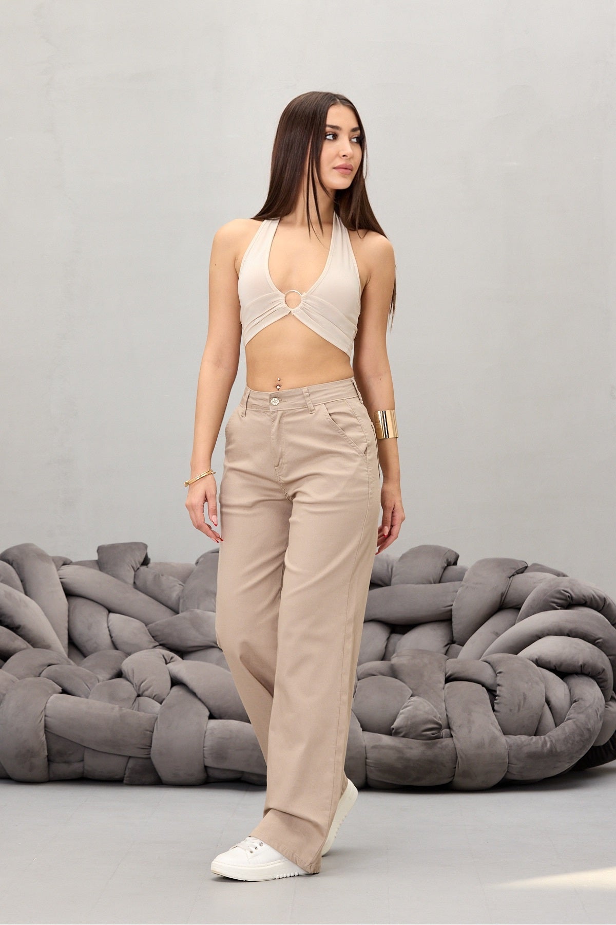 Women's Beige High Waist Lycra Stretch Wide Leg Palazzo Pants - MALLTURK