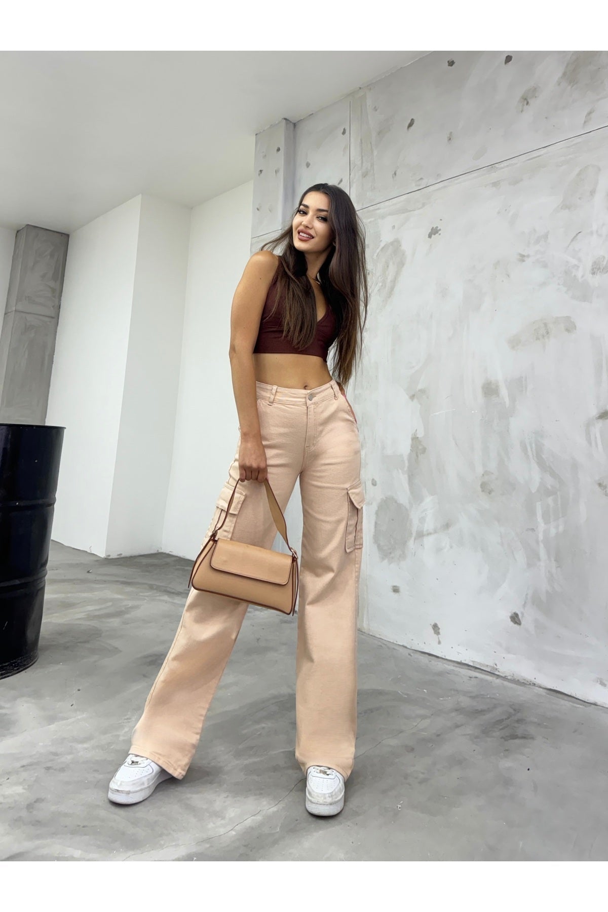 Women's Beige High Waist Wide Leg Cargo Pants - MALLTURK
