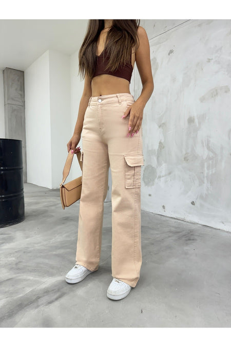 Women's Beige High Waist Wide Leg Cargo Pants - MALLTURK