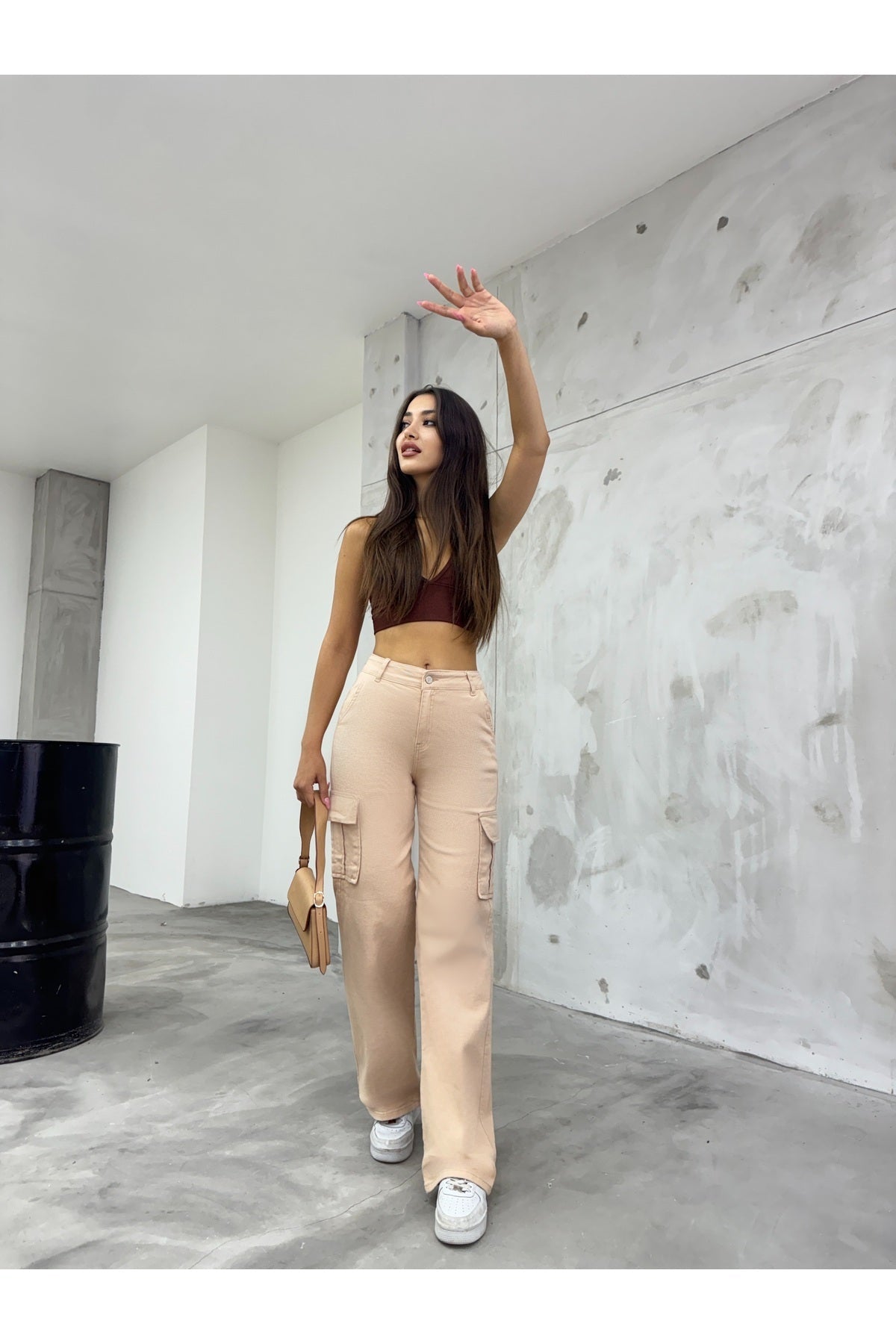 Women's Beige High Waist Wide Leg Cargo Pants - MALLTURK