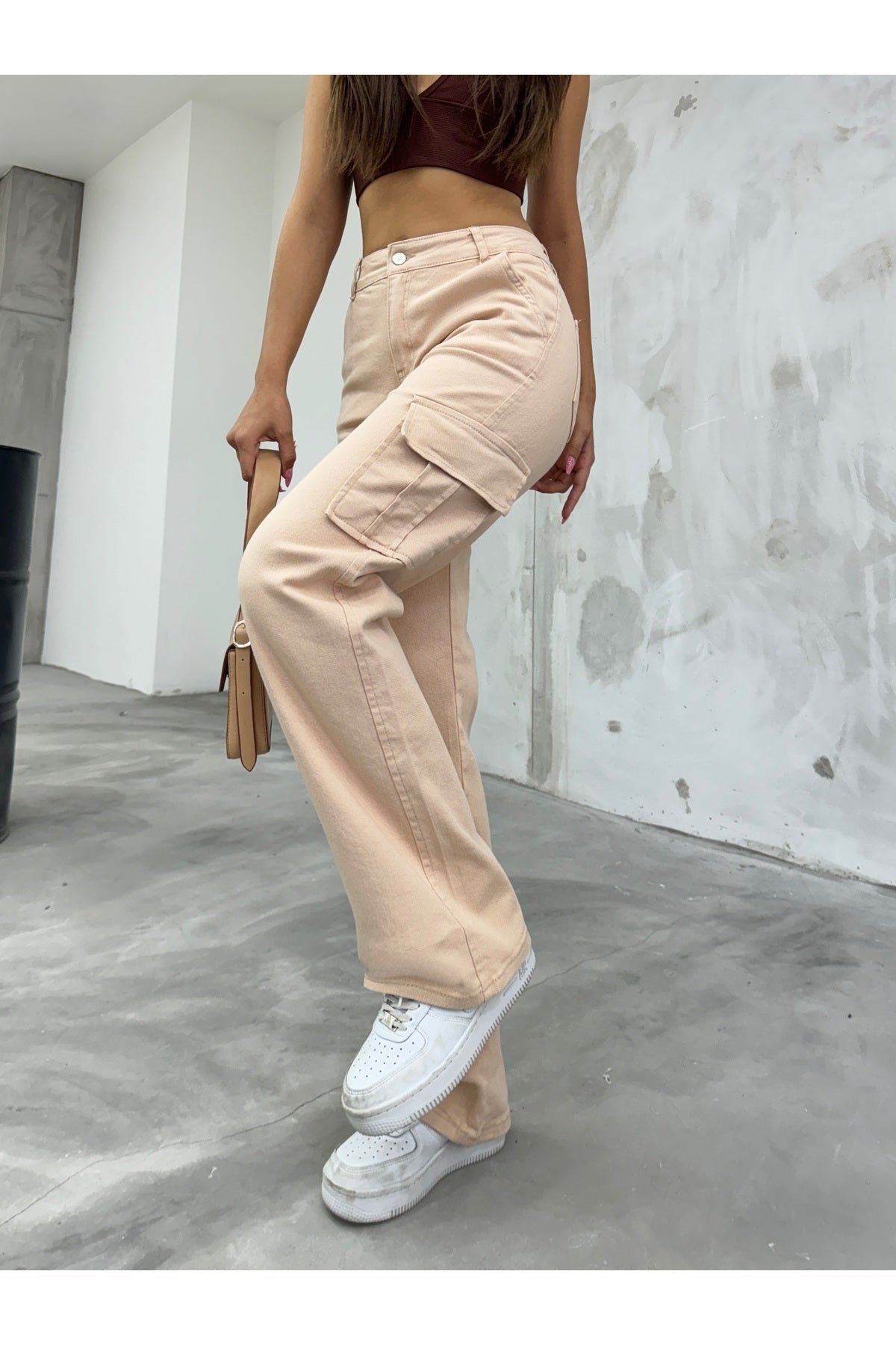 Women's Beige High Waist Wide Leg Cargo Pants - MALLTURK