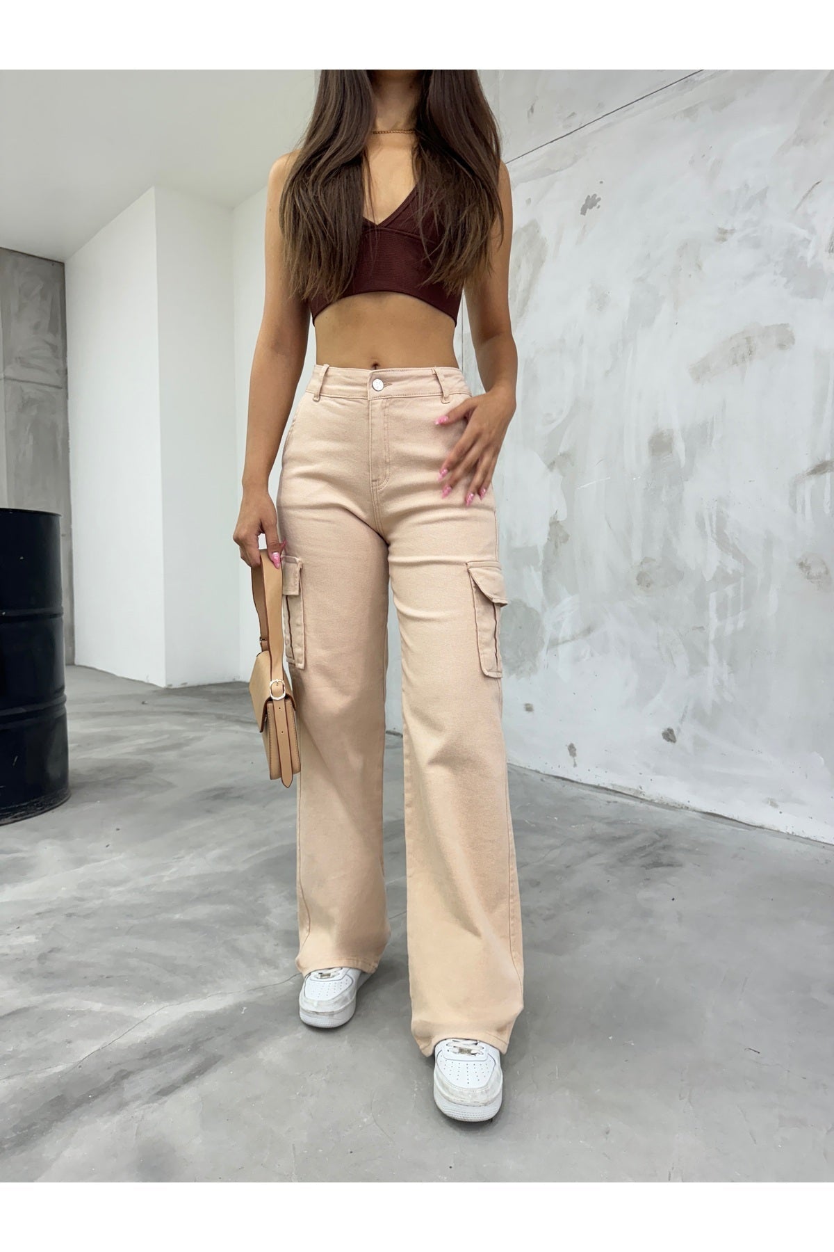 Women's Beige High Waist Wide Leg Cargo Pants - MALLTURK