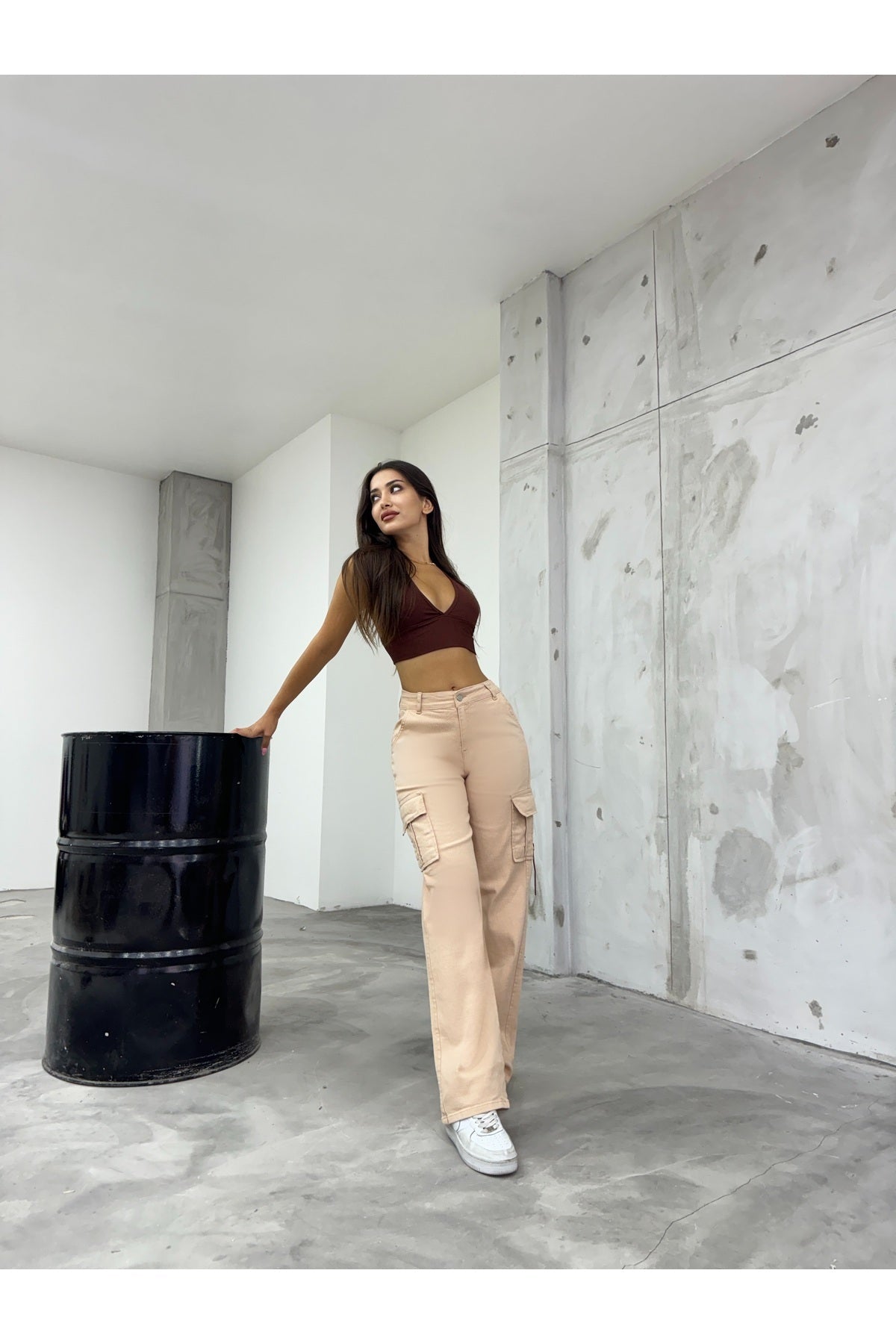 Women's Beige High Waist Wide Leg Cargo Pants - MALLTURK