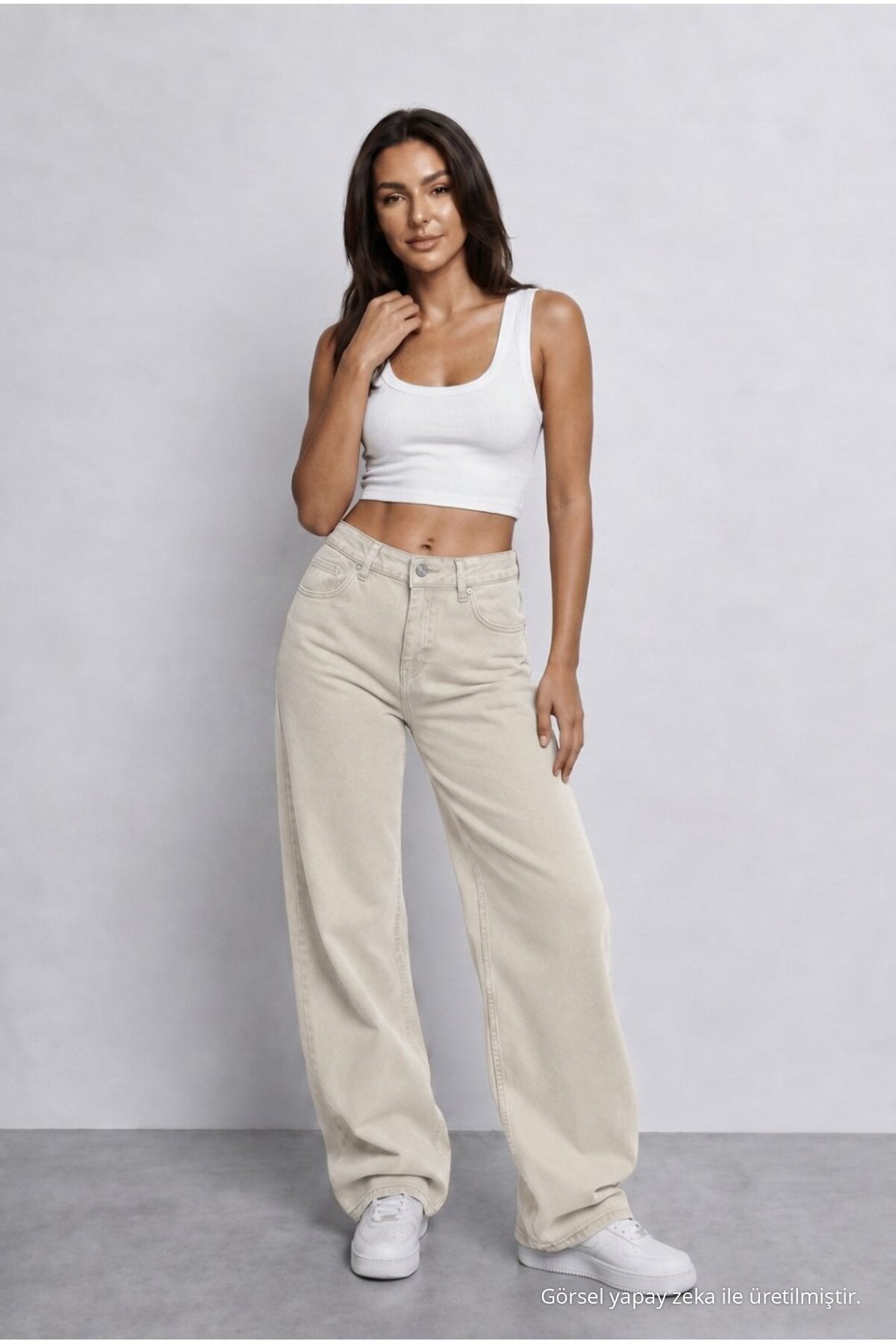Women's Beige High Waist Wide Leg Loose Fitted Palazzo Pants - MALLTURK