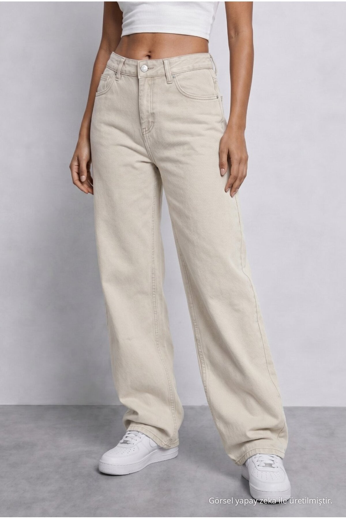 Women's Beige High Waist Wide Leg Loose Fitted Palazzo Pants - MALLTURK