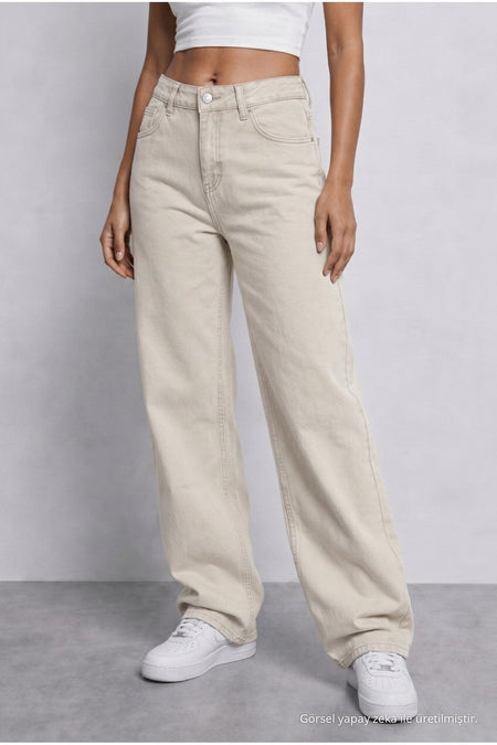 Women's Beige High Waist Wide Leg Loose Fitted Palazzo Pants - MALLTURK