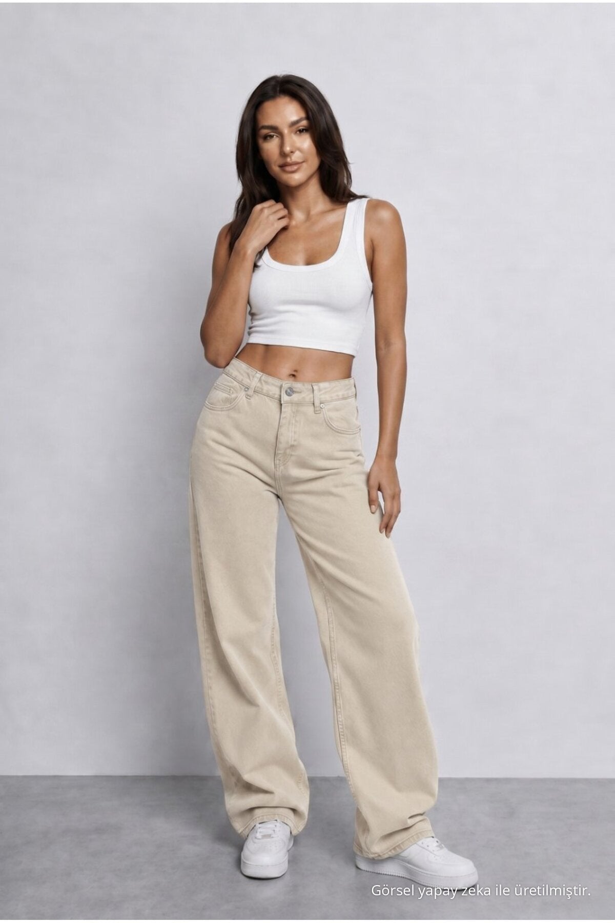 Women's Beige High Waist Wide Leg Loose Fitted Palazzo Pants - MALLTURK