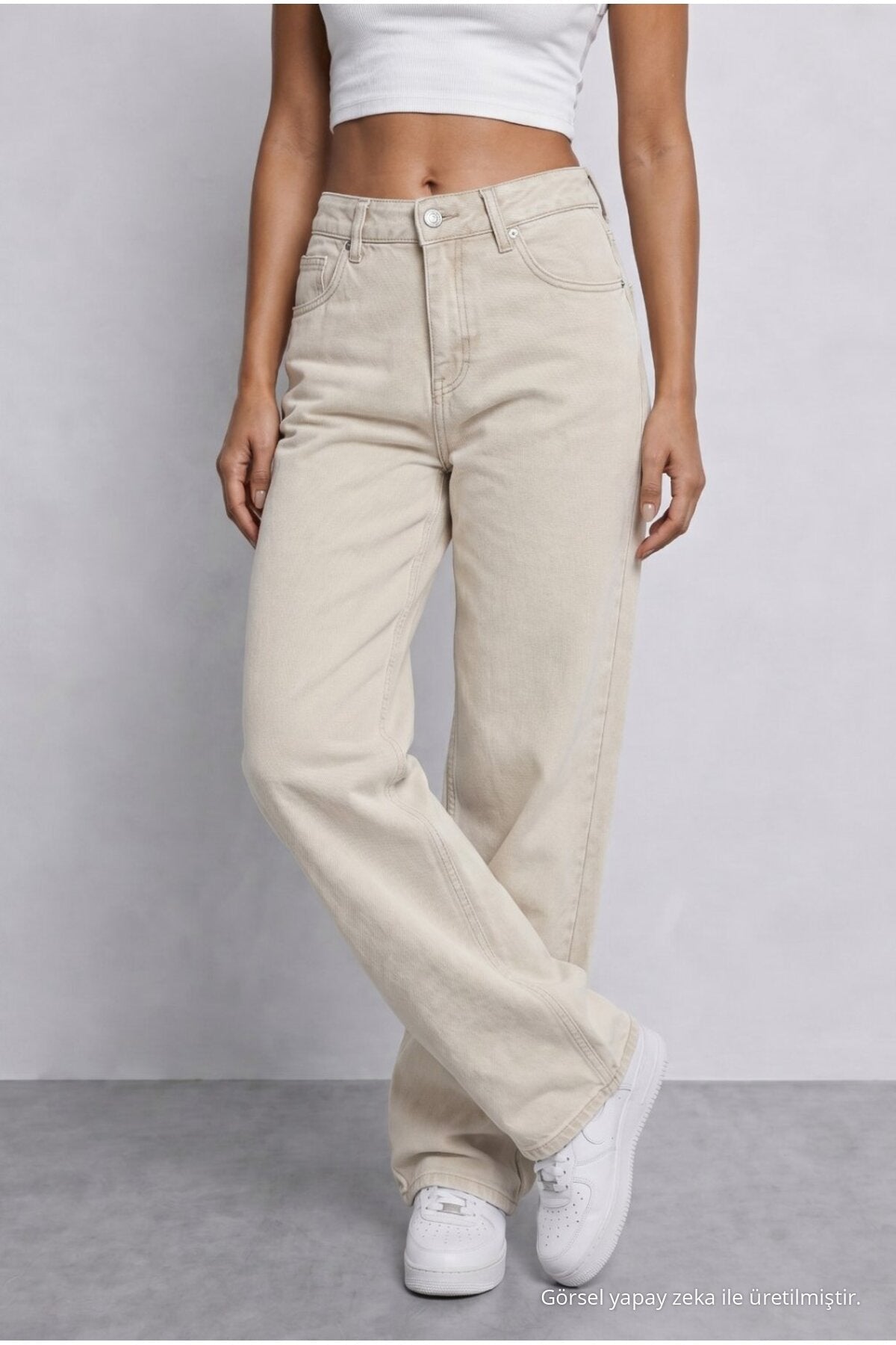 Women's Beige High Waist Wide Leg Loose Fitted Palazzo Pants - MALLTURK