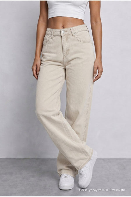 Women's Beige High Waist Wide Leg Loose Fitted Palazzo Pants - MALLTURK