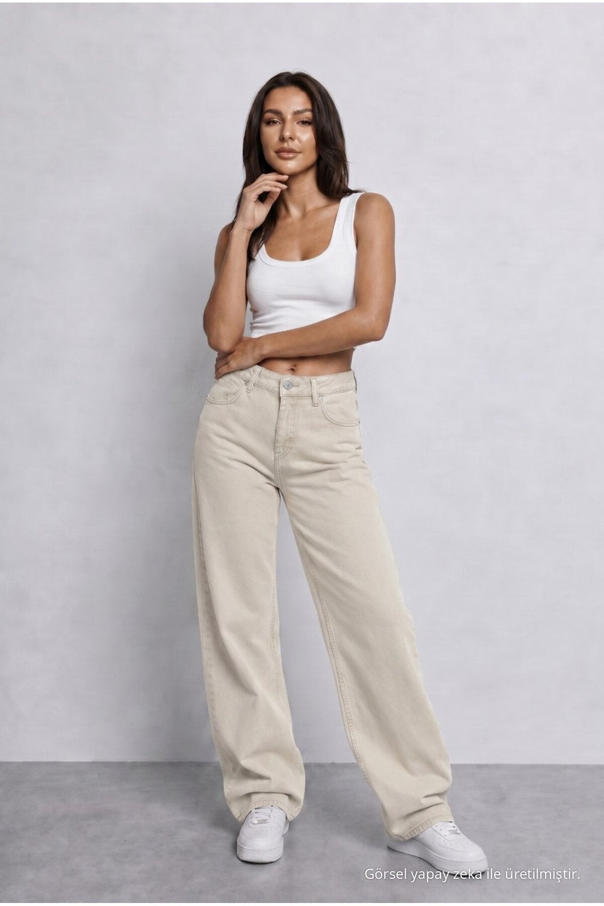 Women's Beige High Waist Wide Leg Loose Fitted Palazzo Pants - MALLTURK