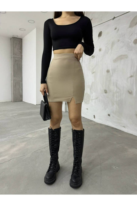 Women's Beige High-Waisted Mini Skirt with Slit Detail - MALLTURK