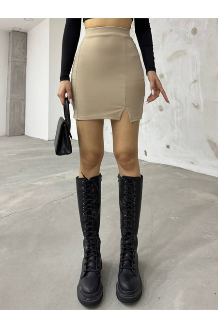Women's Beige High-Waisted Mini Skirt with Slit Detail - MALLTURK