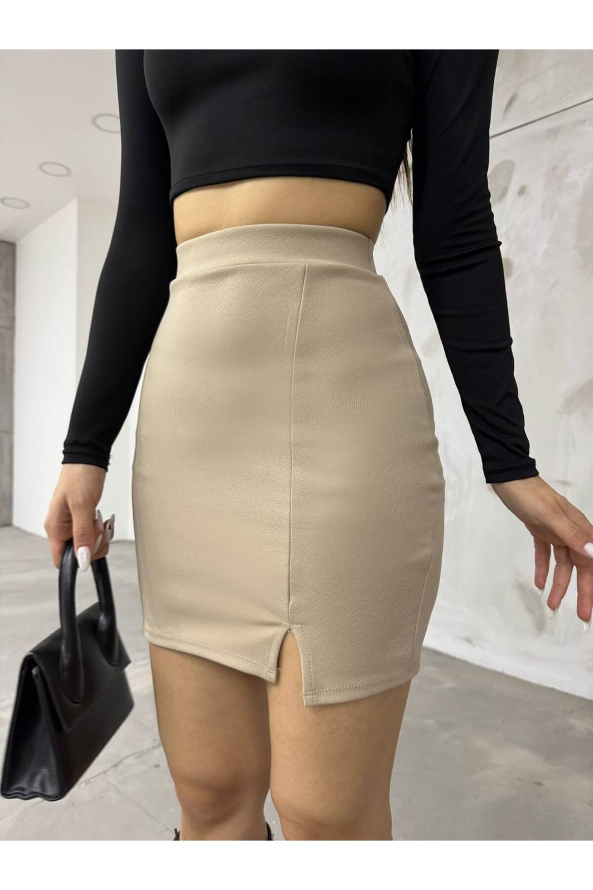 Women's Beige High-Waisted Mini Skirt with Slit Detail - MALLTURK