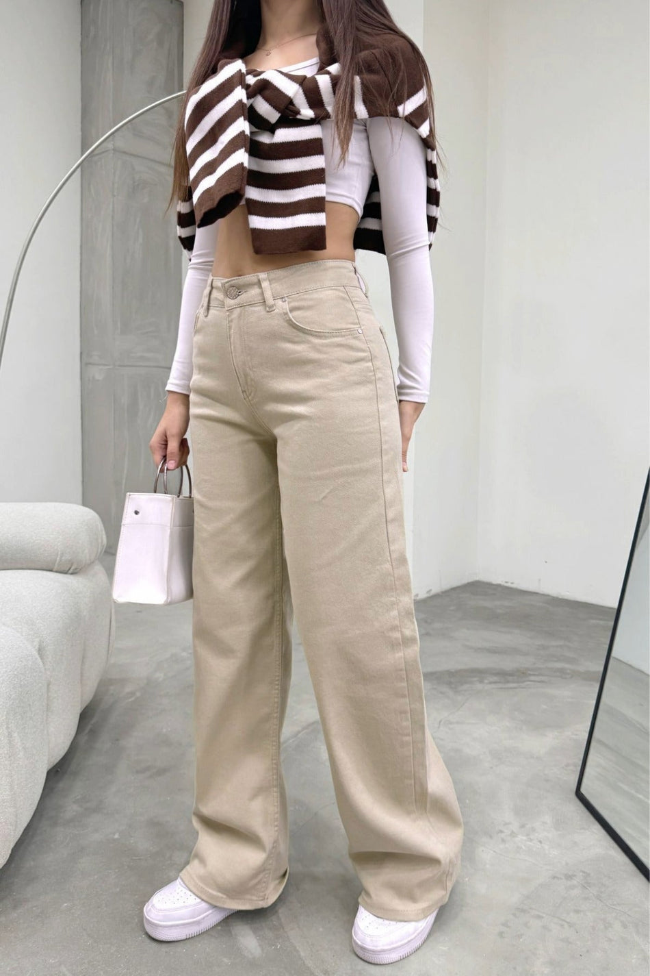Women's Beige High-Waisted Wide-Leg Loose, Casual Palazzo Jeans - MALLTURK