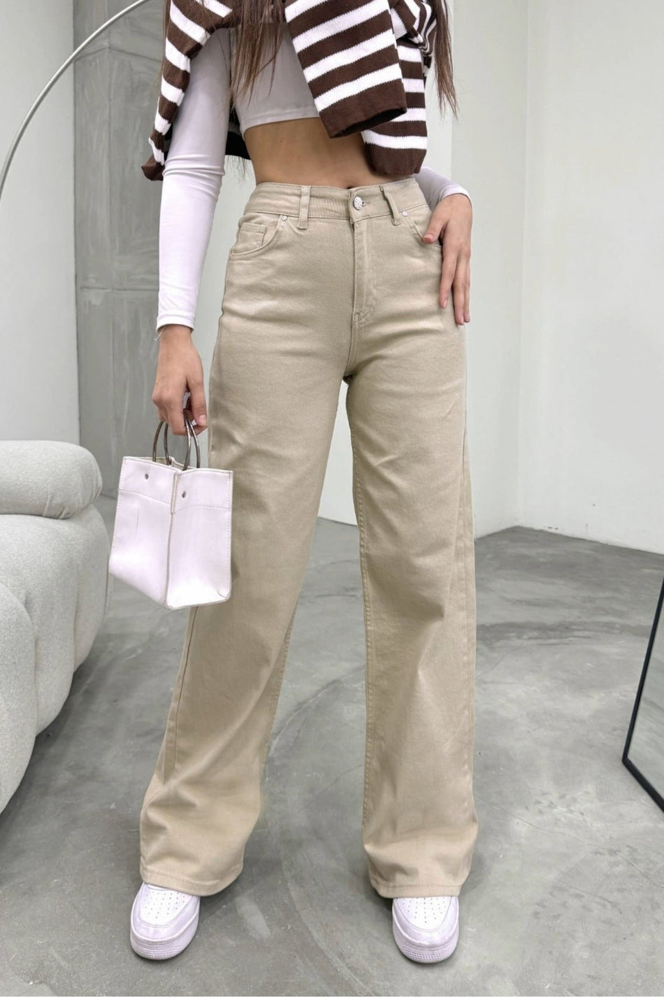 Women's Beige High-Waisted Wide-Leg Loose, Casual Palazzo Jeans - MALLTURK