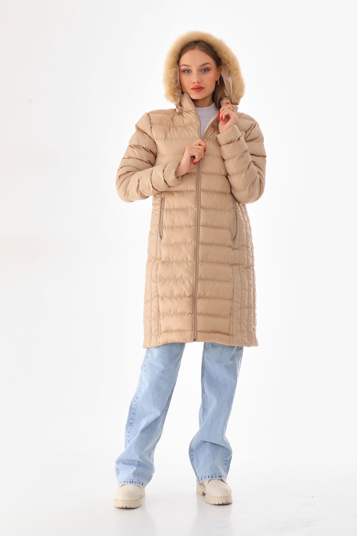 Women's Beige Long Padded Hooded Fur-Trimmed Puffer Jacket - MALLTURK