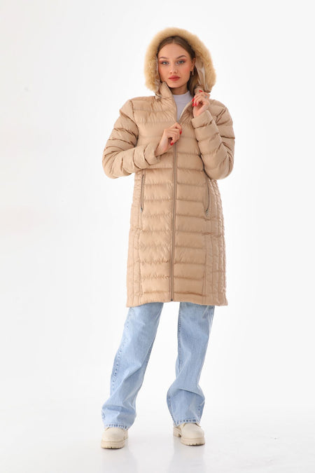 Women's Beige Long Padded Hooded Fur-Trimmed Puffer Jacket - MALLTURK