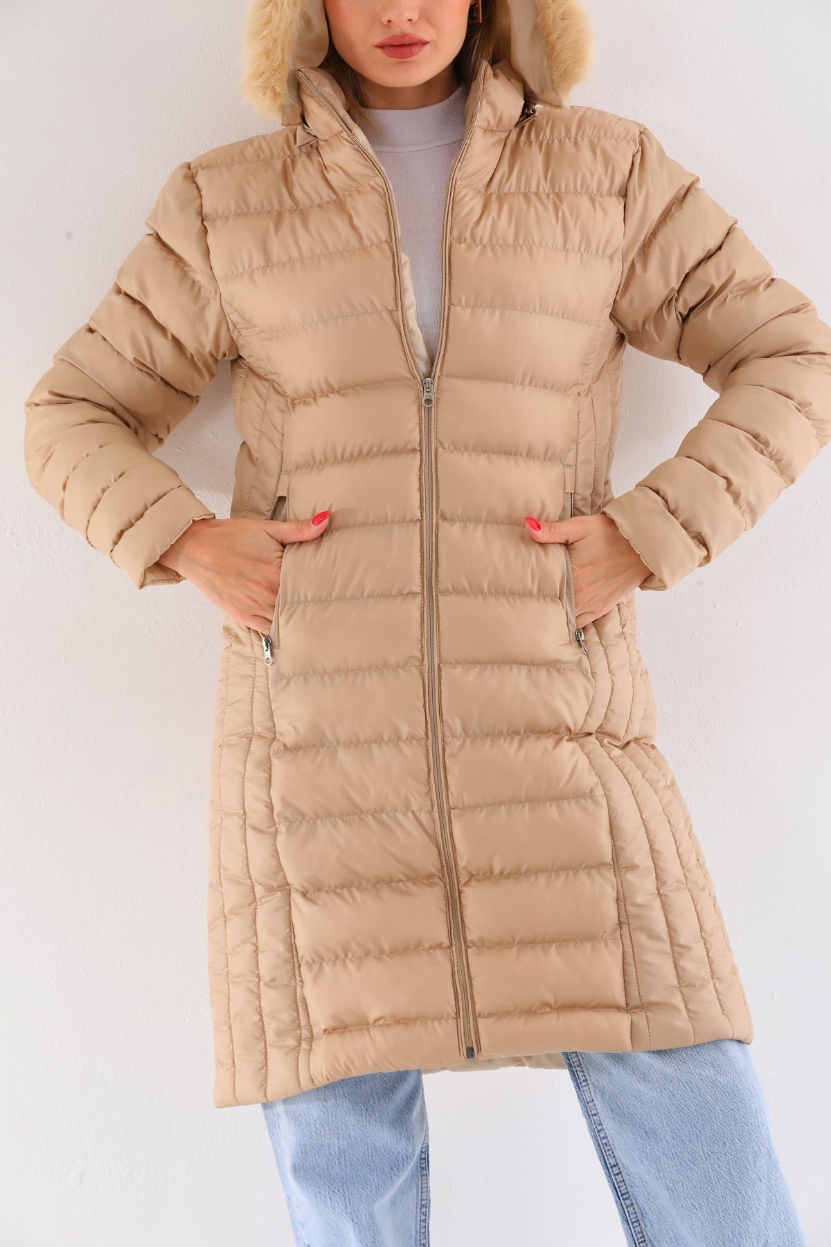 Women's Beige Long Padded Hooded Fur-Trimmed Puffer Jacket - MALLTURK