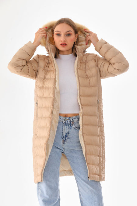 Women's Beige Long Padded Hooded Fur-Trimmed Puffer Jacket - MALLTURK