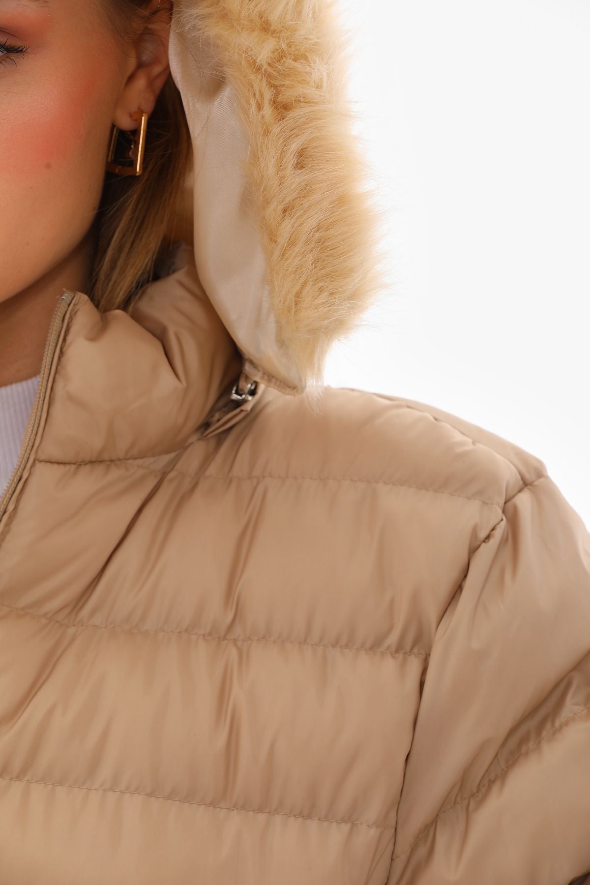 Women's Beige Long Padded Hooded Fur-Trimmed Puffer Jacket - MALLTURK