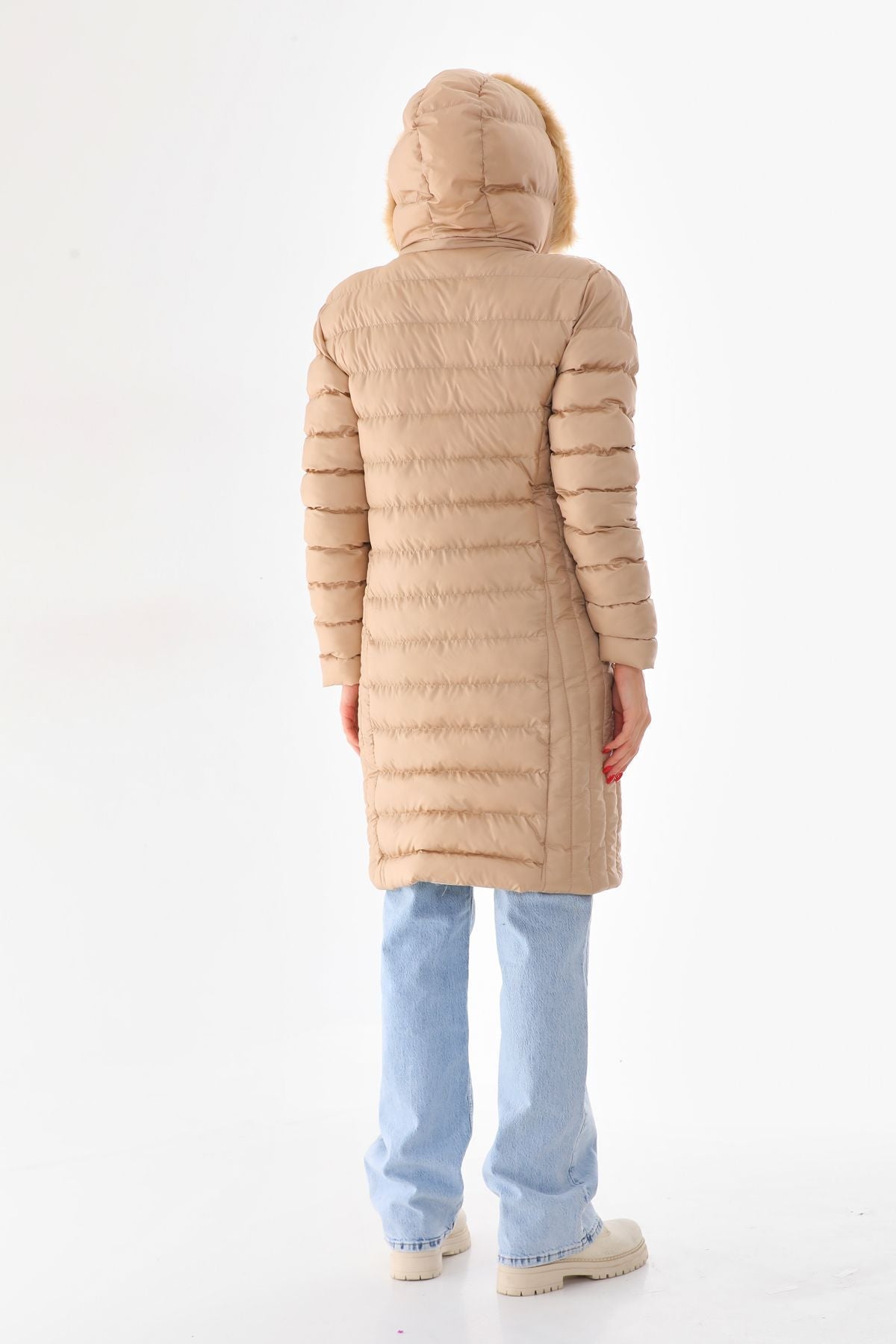 Women's Beige Long Padded Hooded Fur-Trimmed Puffer Jacket - MALLTURK