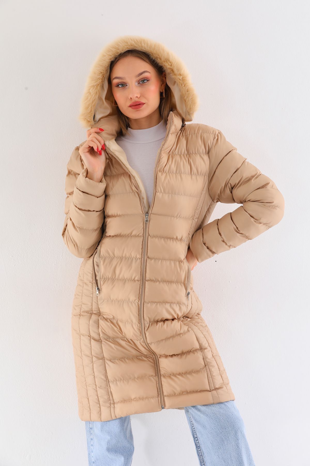 Women's Beige Long Padded Hooded Fur-Trimmed Puffer Jacket - MALLTURK