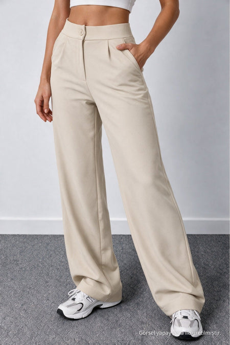 Women's Beige Lycra Palazzo Loose Wide Leg Trousers - MALLTURK