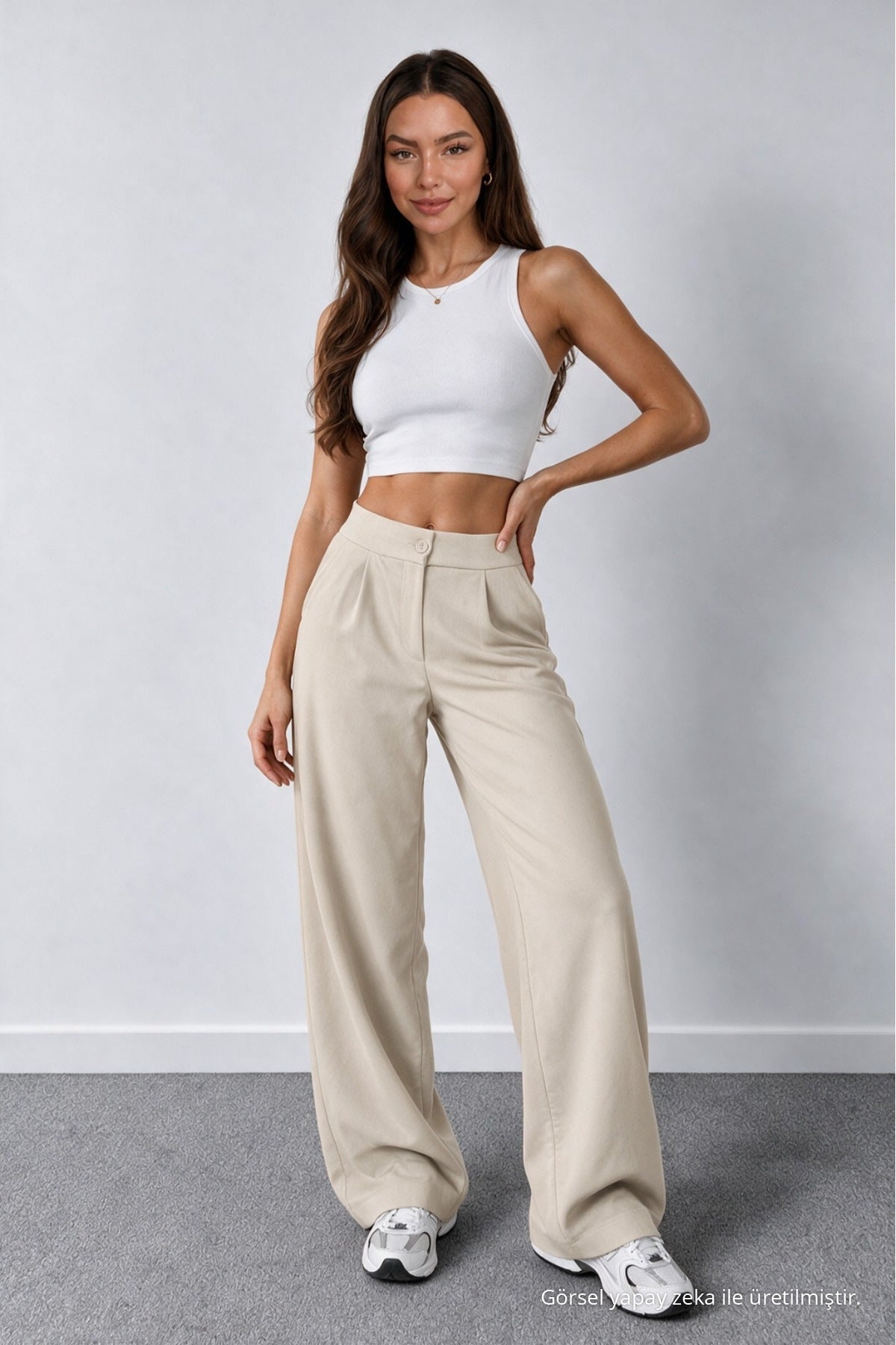 Women's Beige Lycra Palazzo Loose Wide Leg Trousers - MALLTURK
