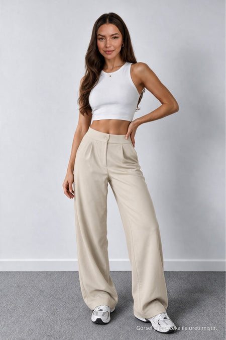 Women's Beige Lycra Palazzo Loose Wide Leg Trousers - MALLTURK
