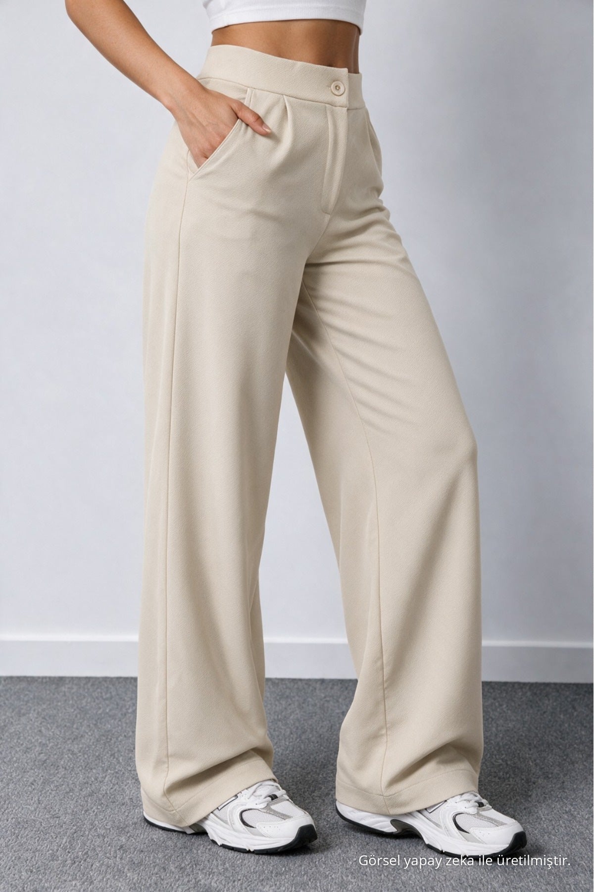 Women's Beige Lycra Palazzo Loose Wide Leg Trousers - MALLTURK