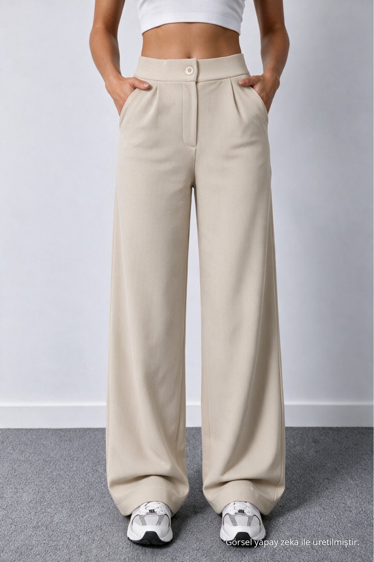 Women's Beige Lycra Palazzo Loose Wide Leg Trousers - MALLTURK